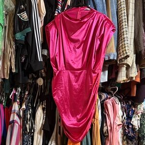Vibrant Pink Satin  mini ruched Dress nwt